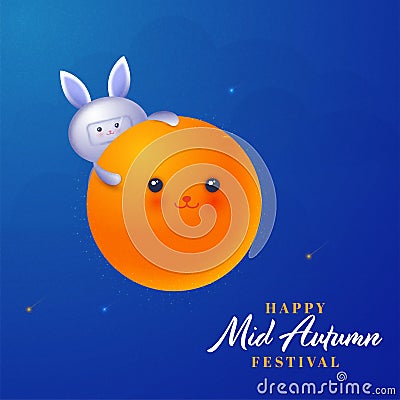 Happy Mid Autumn Festival Celebration Concept with Astronaut Bunny or Rabbit Conquer Smiley Full Moon on Blue Night Stock Photo