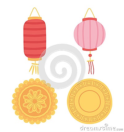 Happy mid autumn festival, chinese lanterns and mooncakes icons Vector Illustration