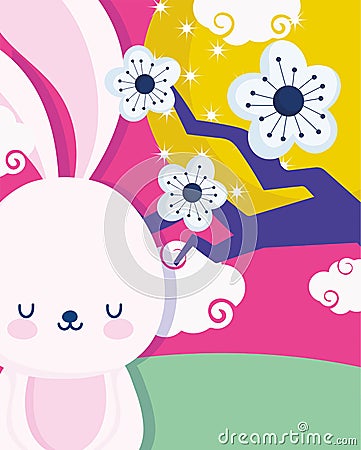 Happy mid autumn festival, rabbit flowers tree moon cartoon, blessings and happiness Vector Illustration
