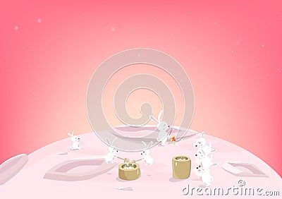 Happy Mid Autumn, funny bunny cooking and playing on the moon in space, fantasy pink pastel, cute cartoon greeting card background Vector Illustration