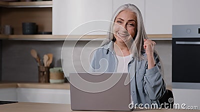 Happy middle aged senior grandma sit at home use laptop check email message read positive news get sale offer feel Stock Photo