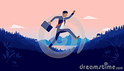 Happy minority businessman - Successful ethnic man jumping high in air with briefcase in hand Vector Illustration