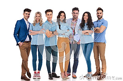 Happy mixed group of seven wearing casual clothes Stock Photo