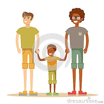 Happy mixed-race gay family with son. Vector Illustration