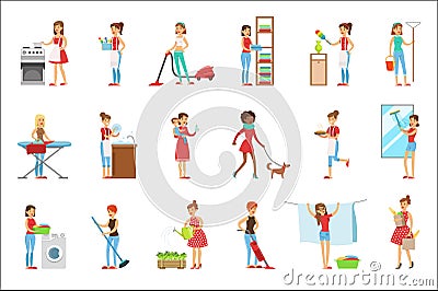 Happy Modern Housewives Cleaning And Housekeeping, Performing Different Household Duties With A Smile Vector Illustration