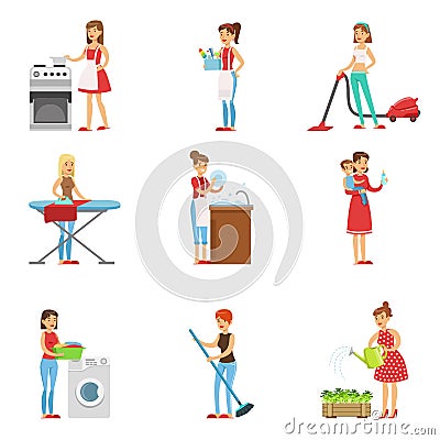 Happy Modern Housewives Cleaning And Housekeeping, Performing Different Household Duties Vector Illustration