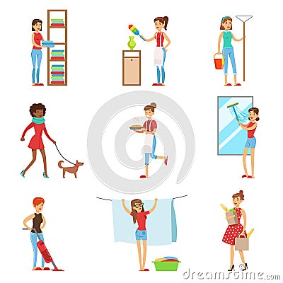 Happy Modern Housewives Shopping And Housekeeping, Performing Different Household Duties With A Smile Vector Illustration