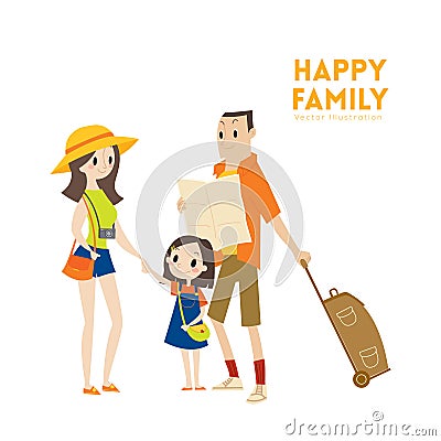 Happy modern urban tourist family with ready for vacation cartoon illustration Vector Illustration