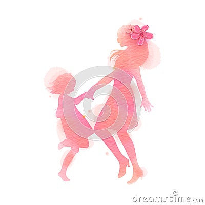 Happy mom and girl dancing silhouette on watercolor background. Mother and daughter. Happy mother`s day. Digital art painting. Vector Illustration