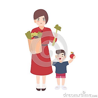 Happy mom and little son holding fruits and vegetables. Smiling mother and her child carry healthy food. Cute flat Vector Illustration