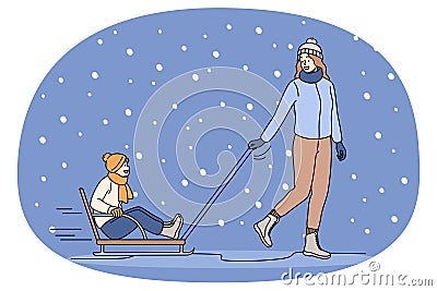 Happy mom ride son on sled outdoors Vector Illustration