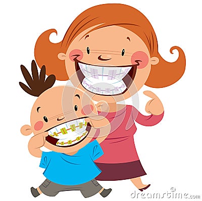 Happy mom and son with braces Vector Illustration