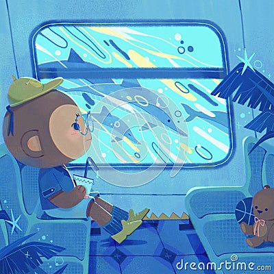 Happy Monkey Boy watching dolphin through underwater window illustration Cartoon Illustration