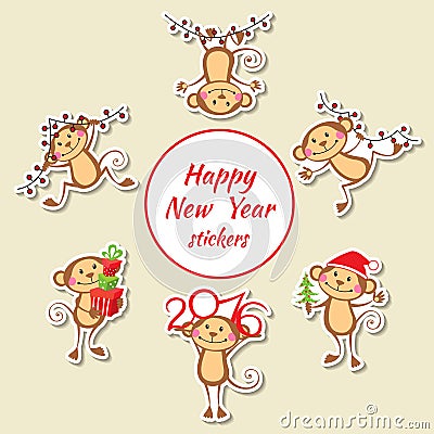 Happy monkey stickers New Year set Cartoon Illustration