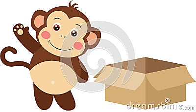 Happy monkey waving and open cardboard box Vector Illustration