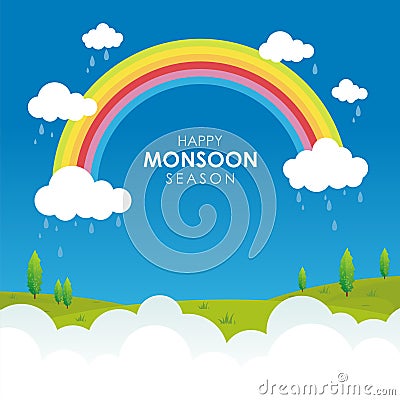 Happy Monsoon Season, with cloud, rainbow and rain Illustration Vector Illustration