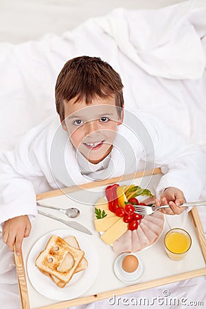 Happy morning - breakfast in bed Stock Photo