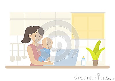 Happy mother baby working in kitchen Vector Illustration