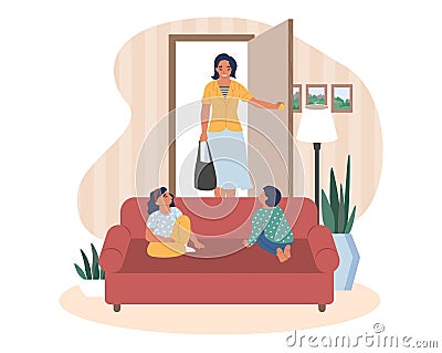 Happy mother coming back home from work, kids waiting for her sitting on sofa, flat vector illustration. Homecoming. Vector Illustration