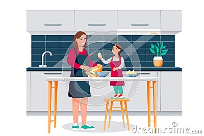 Happy mother and daughter cooking breakfast in kitchen. Mom and little girl baking, making dough. Vector illustration Vector Illustration