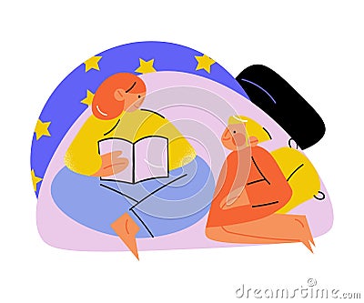 Happy mother and daughter having rest and reading book in pillow house Vector Illustration