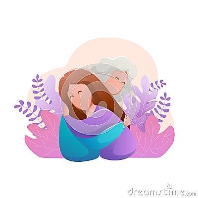 Happy mother and daughter hug each other. Tender relationships women friends. Vector Illustration