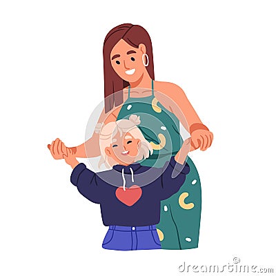 Happy mother and daughter. Mom and girl kid having fun together. Positive joyful woman parent and joyous singing little Vector Illustration