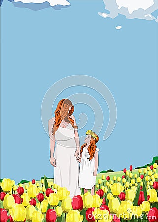 Happy mother and daughter on a spring afternoon among a field of tulips Vector Illustration