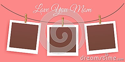 Happy Mother Day Blank set photo frames mockup. Greeting pink Scrapbook template. Realistic empty print-holder for memory with Vector Illustration