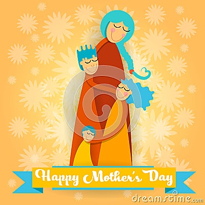 Happy Mother Day, Family Love Three Children, Mom Boy and Girl Embrace Greeting Card Vector Illustration