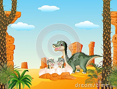 Happy Mother dinosaur with baby hatching Vector Illustration