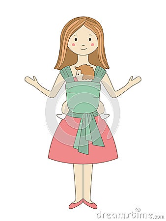 Happy mother with her baby in sling scarf. Free hands. Vector illustration. Hand draw card in cartoon style. Vector Illustration