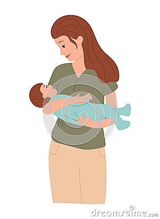 Happy mother holds a sleeping baby in her arms. Mom hugs with love her child. Beautiful woman hold her newborn son. vector Vector Illustration