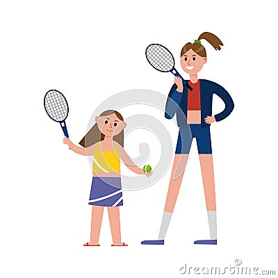 Happy mother playing tennis with her daughter cartoon characters, happy family playing sports together vector Vector Illustration