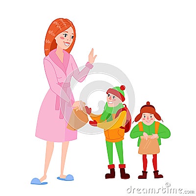 Happy Mother Prepares her Sons for School. Cartoon Mom Giving Lunch to the Boy. Parenting Concept Vector Illustration