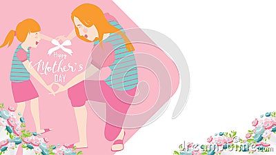 Happy mother`s day banner. Child daughter congratulates mom with dancing, playing, and hands showing heart shape symbol. Colorful Vector Illustration