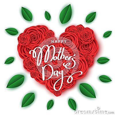 Happy mother`s day banner template with heart of red roses. Vector Illustration