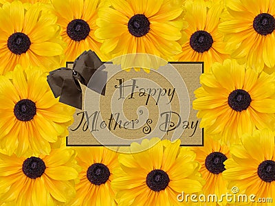 Happy Mother's Day brown rustic card with yellow daisy flower background Stock Photo