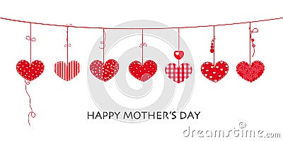 Happy Mother`s day card with border design hanging red hearts Vector Illustration