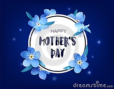 Happy Mother`s day card with forget-me-not and flares on dark background. Vector floral banner Vector Illustration