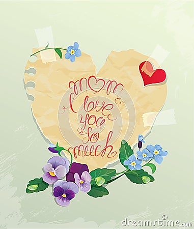 Happy Mother's Day card. Heart is made of old paper with daisy a Vector Illustration