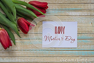 Happy Mother`s Day card with red tulips Stock Photo