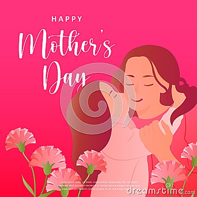 Happy mother`s day cartoon daughter kissing mom carnation flower Vector Illustration