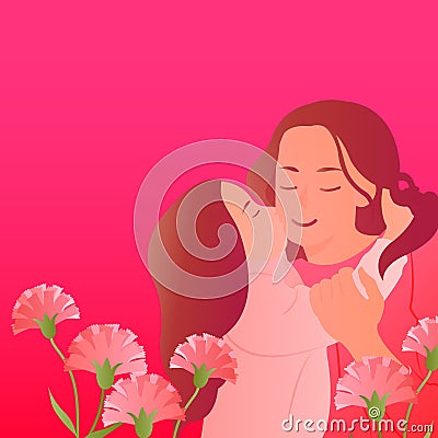 Happy mother`s day cartoon daughter kissing mom carnation flower Stock Photo