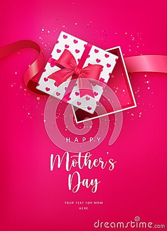Happy mother`s day cute red love heart pattern opened gift box and ribbon Vector Illustration