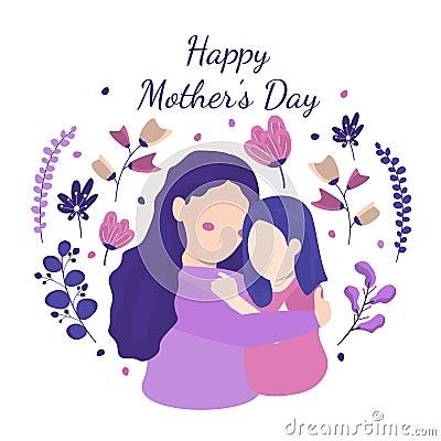 Happy Mother`s Day Daughter Child Flower Floral Flat Illustration Vector Illustration