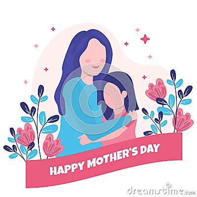 Happy Mother`s Day Daughter Child Flower Floral Flat Illustration Vector Illustration