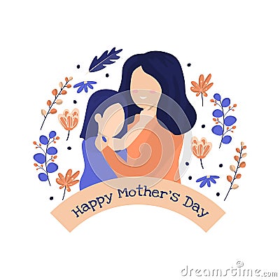 Happy Mother`s Day Daughter Child Flower Floral Flat Illustration Vector Illustration