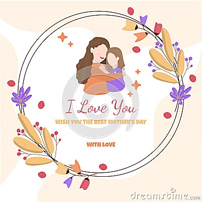 Happy Mother`s Day Daughter Child Flower Floral Gift Card Vector Illustration