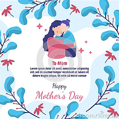 Happy Mother`s Day Daughter Child Flower Floral Gift Card Vector Illustration